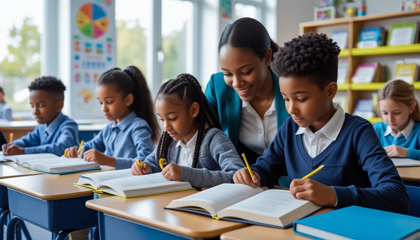 Children studying attentively in a classroom with a teacher providing support.