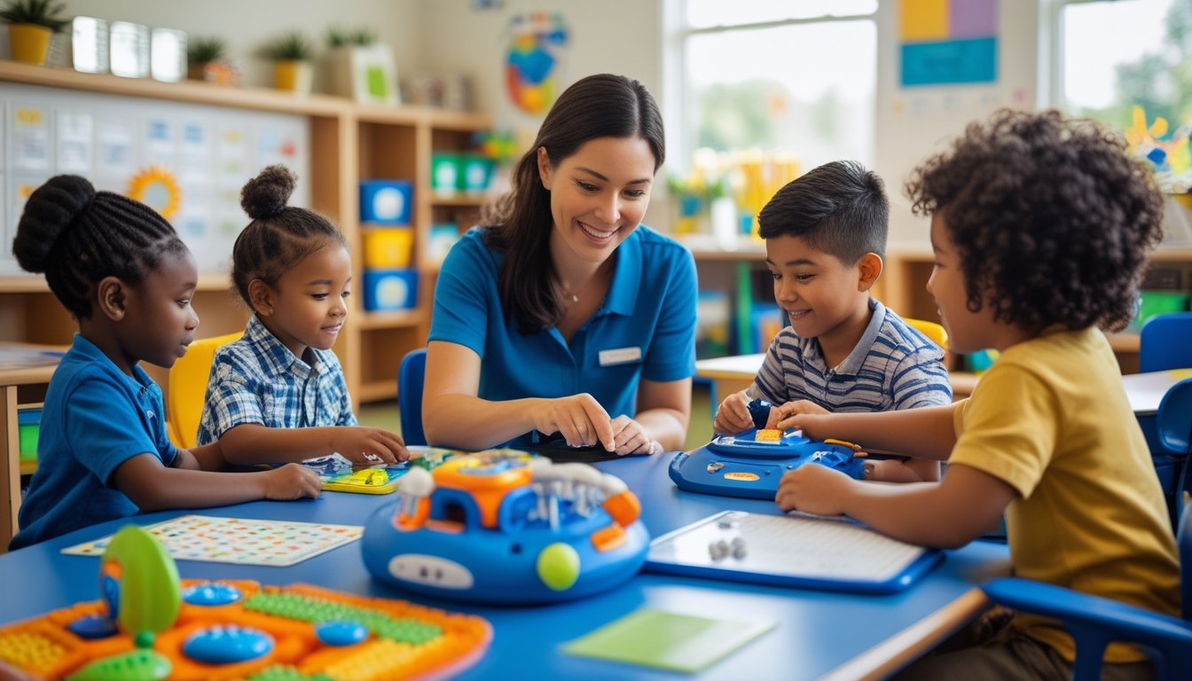 A teacher helping children with special educational needs in a bright classroom with adaptive learning tools.