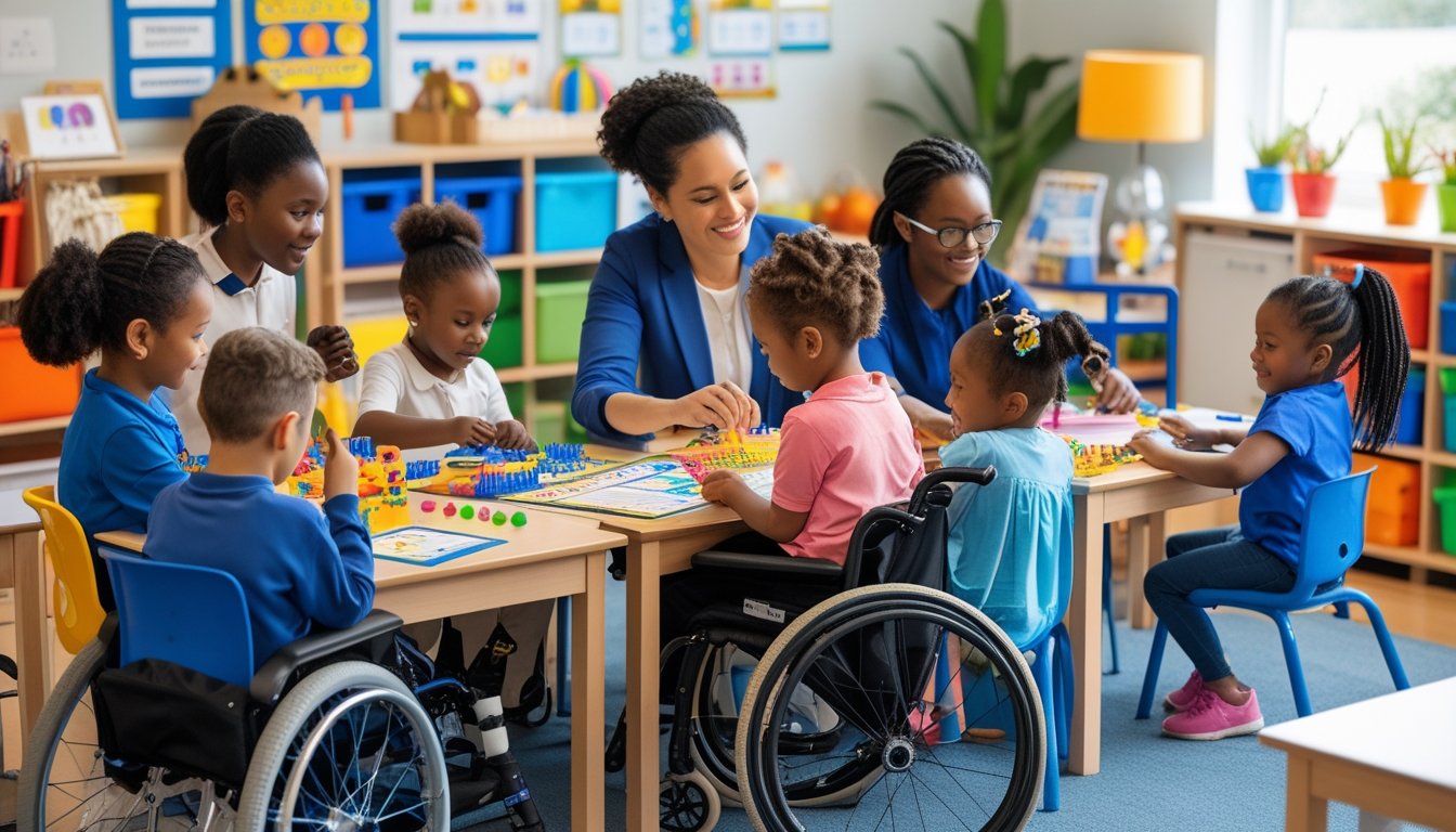 A group of children with diverse needs learning together in a classroom with teachers providing support.