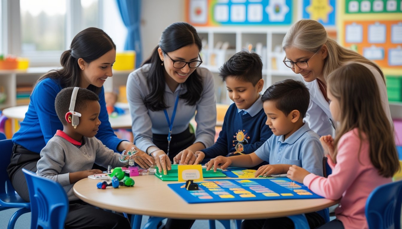 A group of educators and specialists supporting children with special educational needs in a classroom using various learning tools.