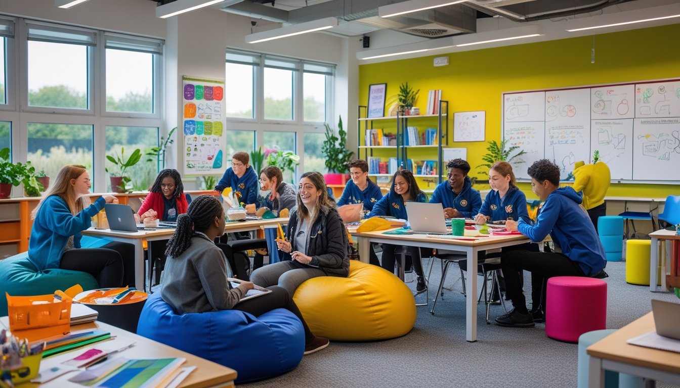 A group of students and teachers working together in a bright, colourful learning space with creative materials and digital devices.