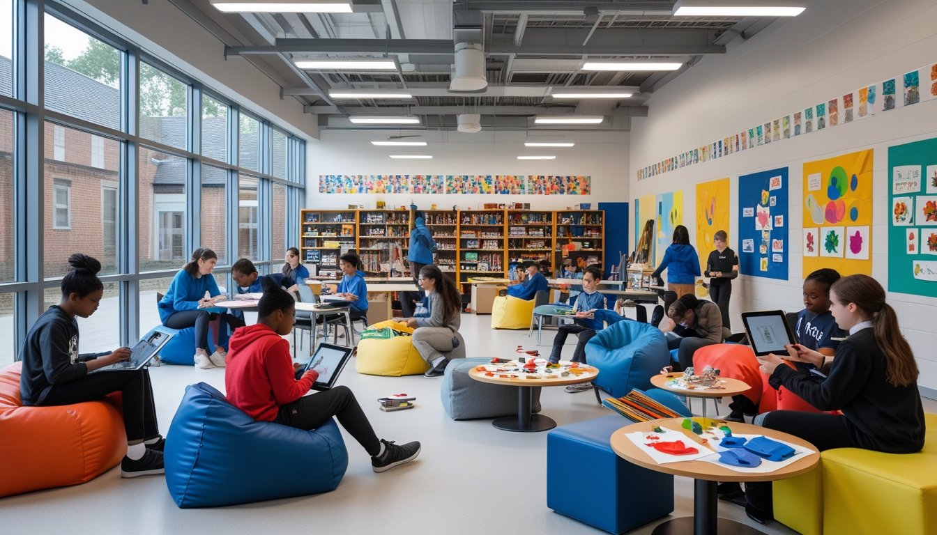 A group of students and teachers working together in a bright, colourful classroom with flexible seating and creative materials.