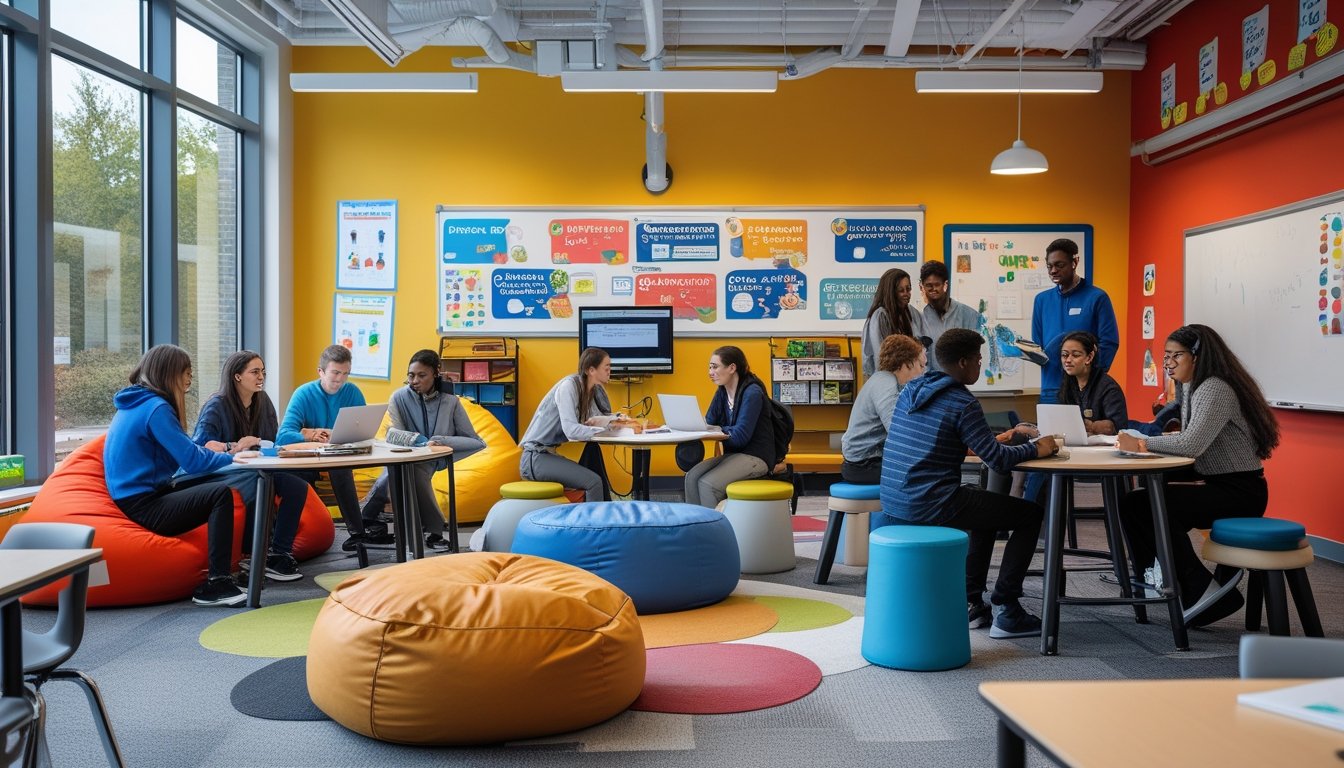 A group of students and teachers working together in a bright, colourful learning space with large windows and various seating options.