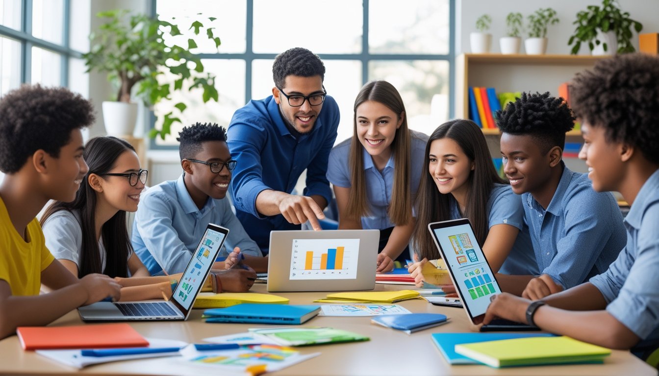 A group of students and a teacher working together around a table in a classroom.