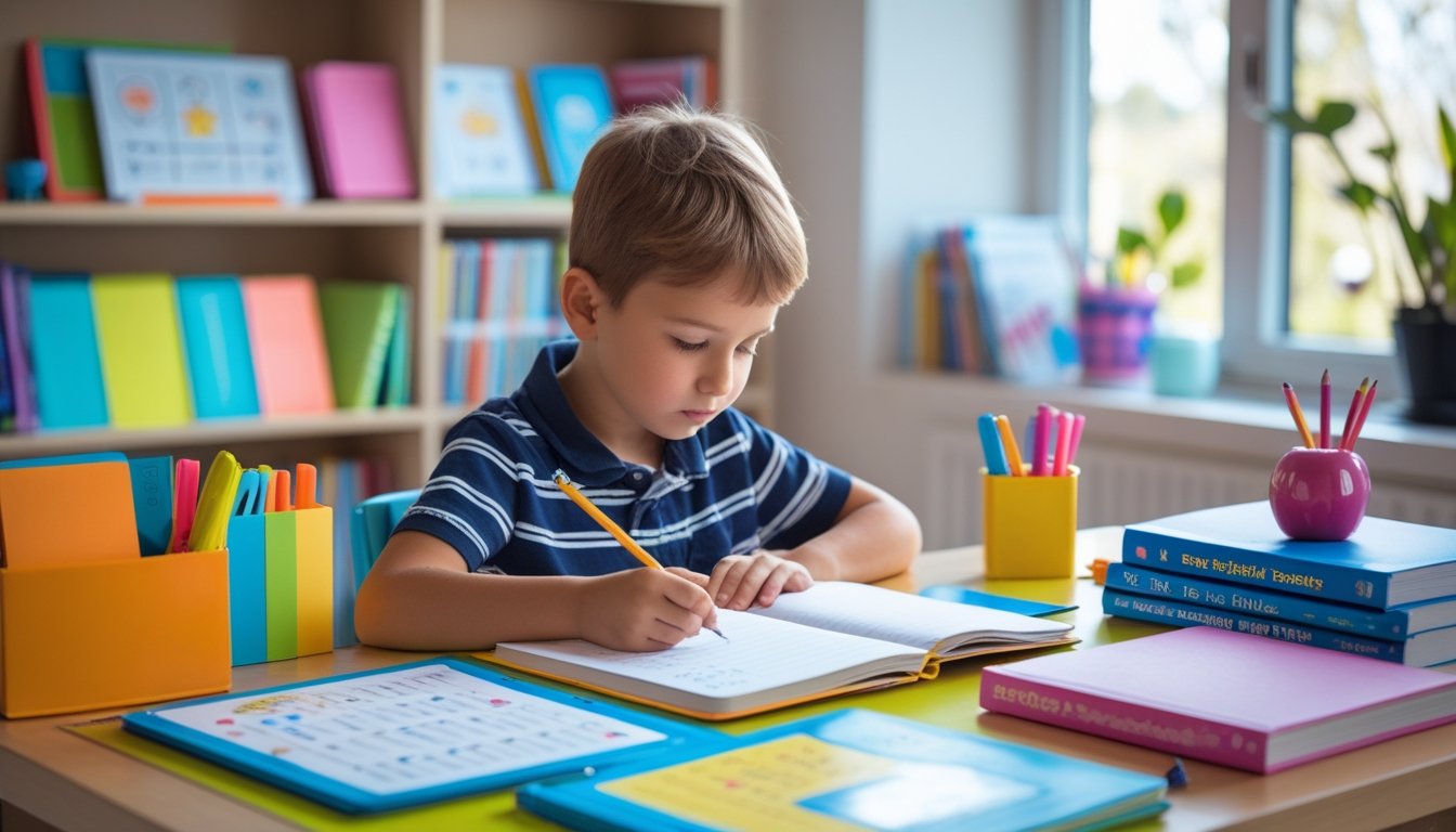 A young child sitting at a desk, writing in a notebook with study materials and books around them in a bright room.