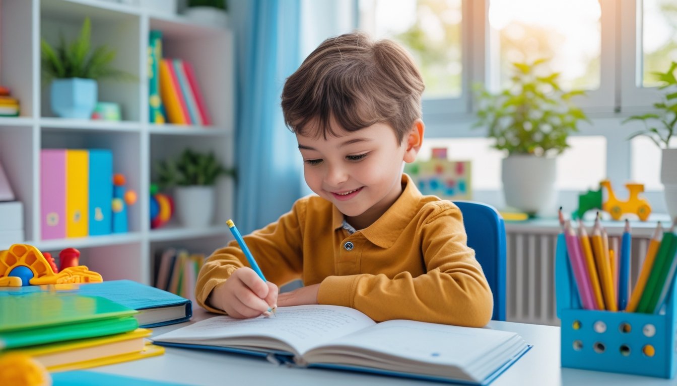 A young child sitting at a desk studying with books and pencils in a bright, organised room.