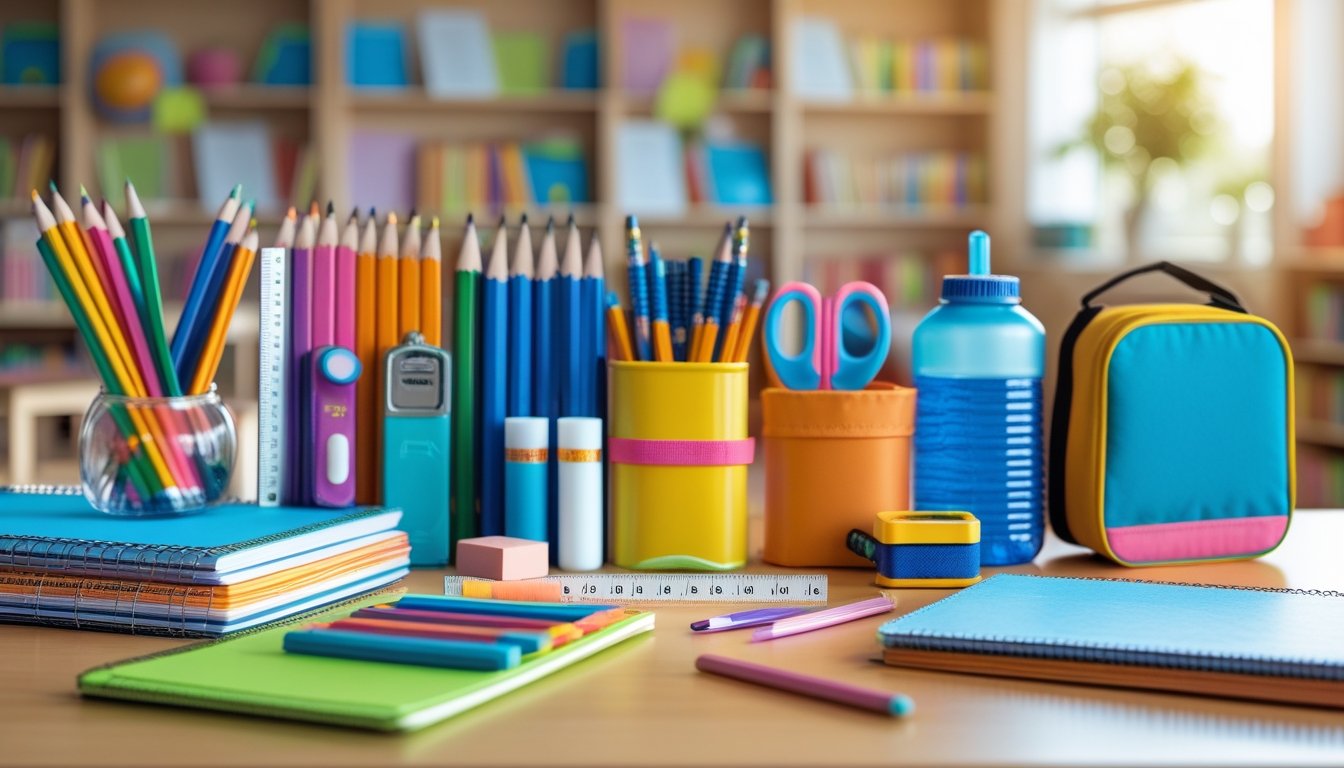 A collection of essential school supplies including notebooks, pencils, erasers, scissors, glue sticks, and a water bottle arranged on a wooden table with a classroom background.