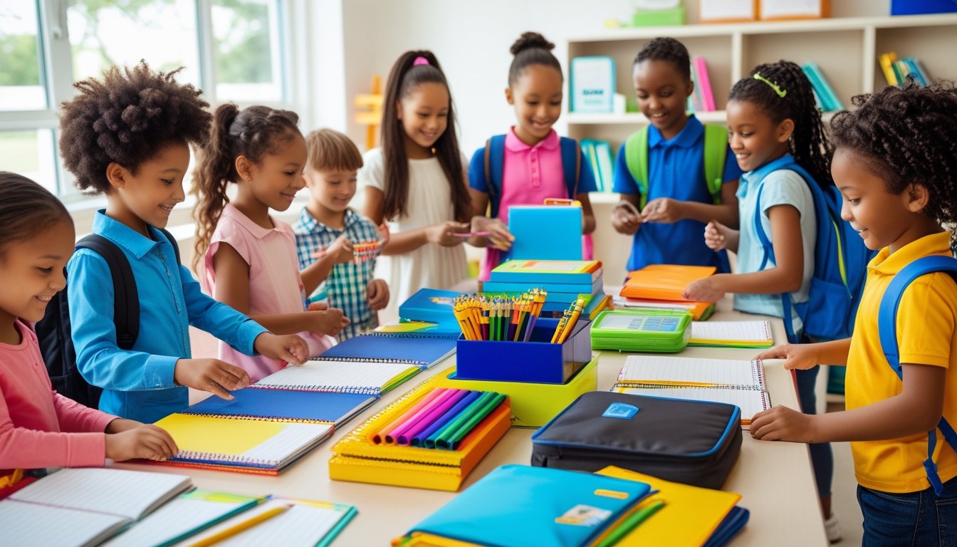 Children of different ages choosing school supplies from tables with various items while an adult helps them in a bright classroom.