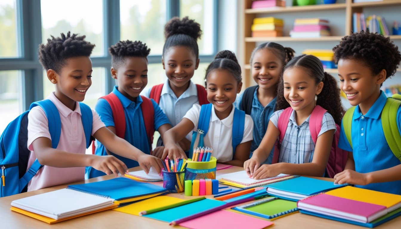 Children choosing school supplies from a table filled with notebooks, pencils, and backpacks in a bright classroom.