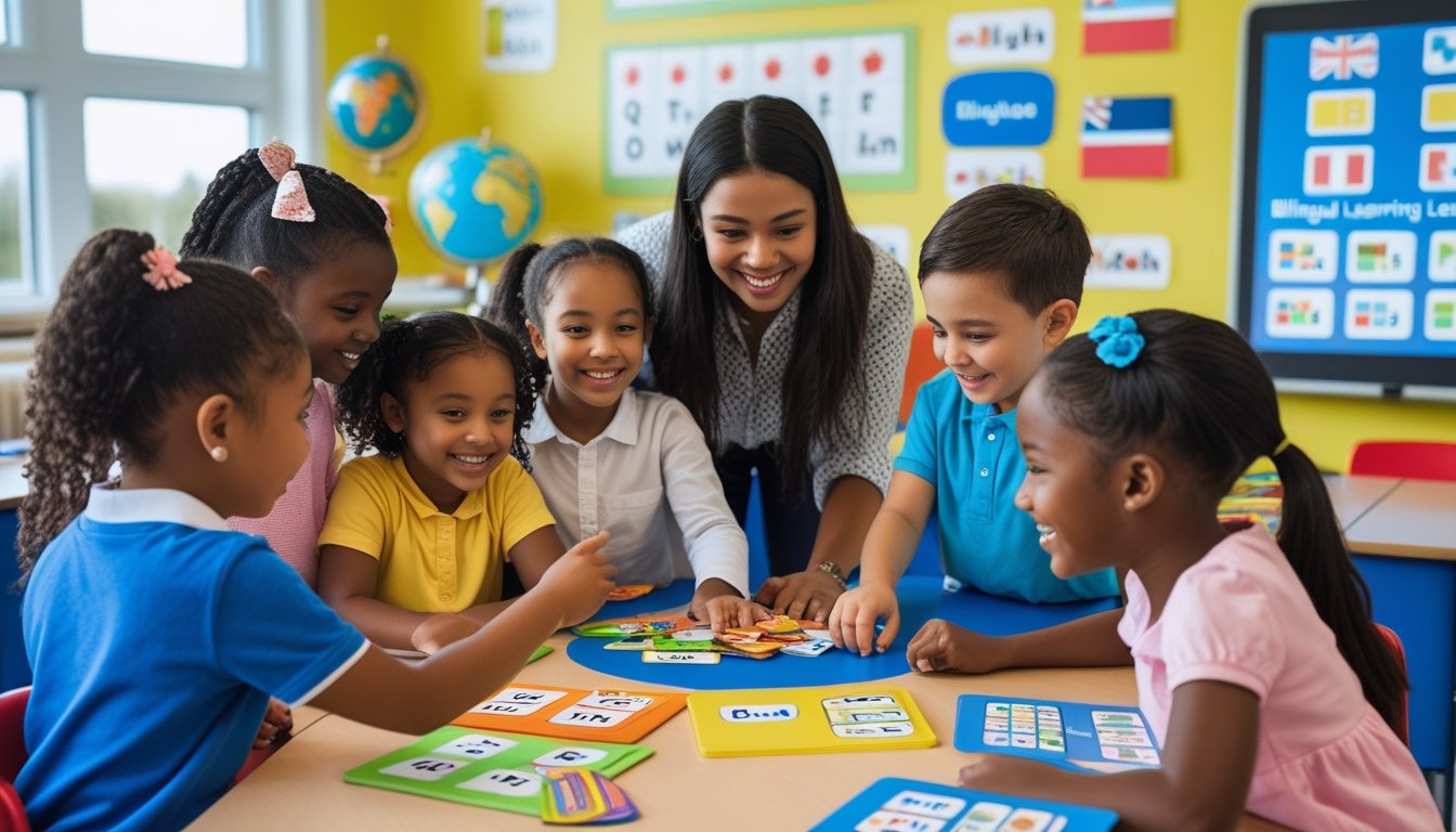 A group of diverse children in a UK classroom learning languages together with their teacher using colourful educational materials.