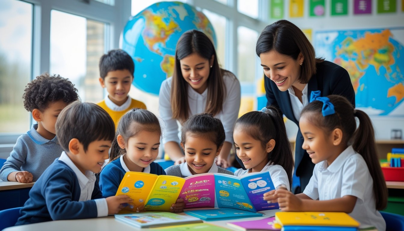 A group of young children from diverse backgrounds learning together in a bright classroom with a teacher.