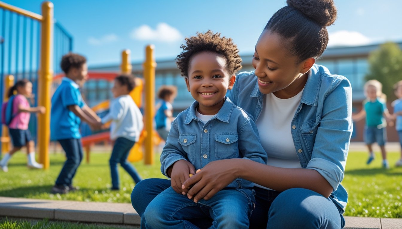 A parent and child sitting together near a school playground, with children playing in the background.