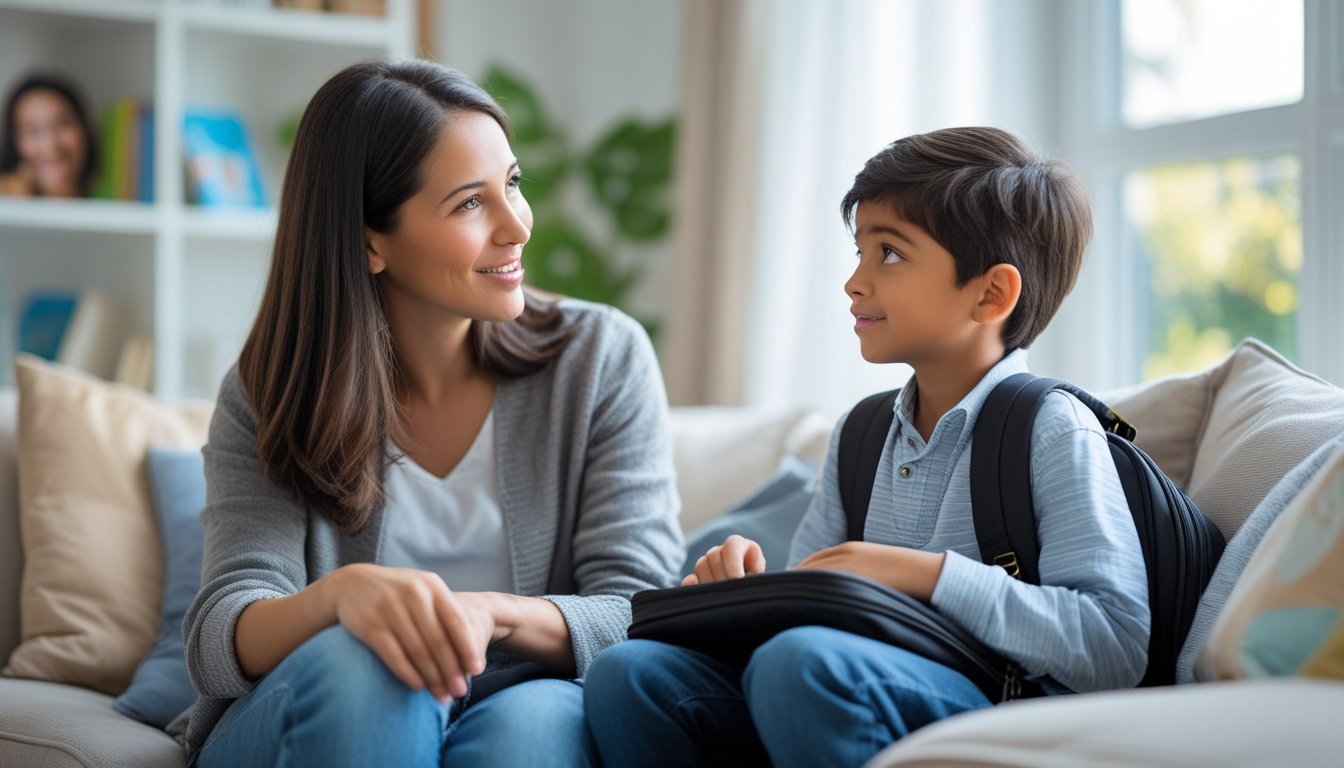 A parent and child sitting together on a sofa having a supportive conversation about school friendships in a bright living room.