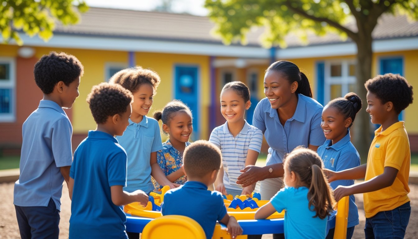 Children playing and talking together on a school playground with an adult supervising nearby.