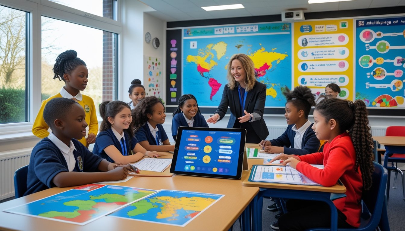 A diverse group of students and a teacher in a bright classroom engaged in a multilingual learning activity.