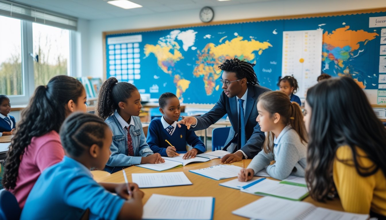 A diverse group of students and a teacher in a bright classroom engaged in a multilingual learning activity.