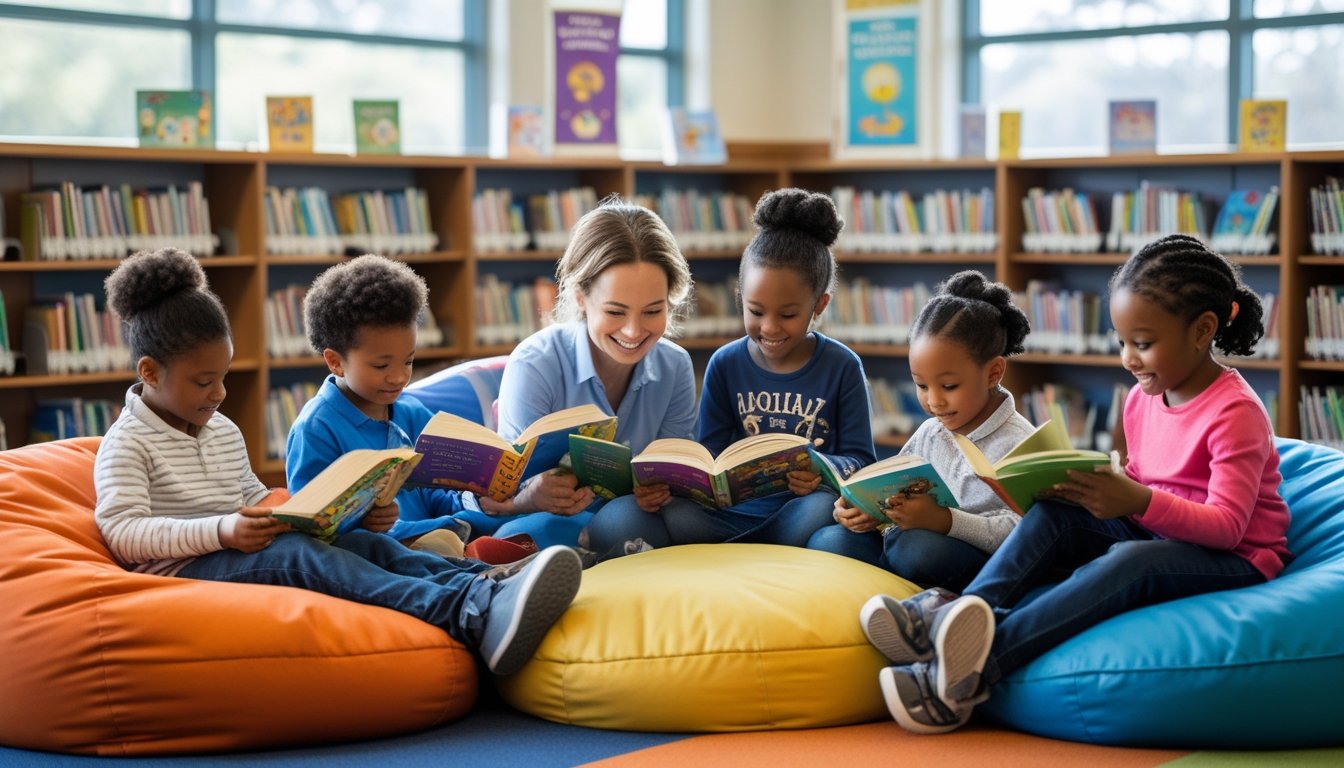 A group of young children reading books with an adult in a bright library filled with bookshelves and natural light.