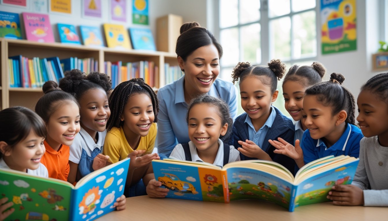 A teacher reading a storybook to a group of young children in a bright classroom filled with books and colourful decorations.