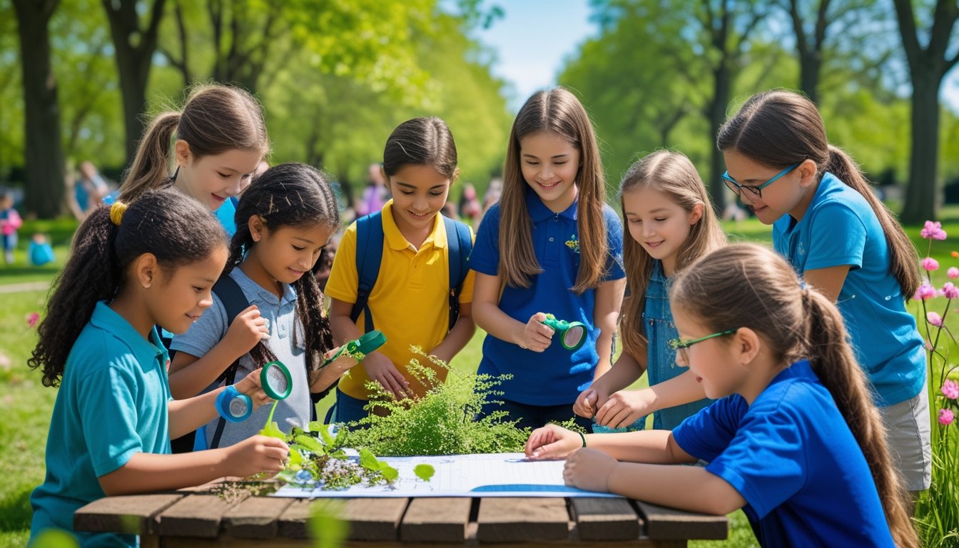 A group of children exploring nature outdoors with a teacher, examining plants and working together in a green park.