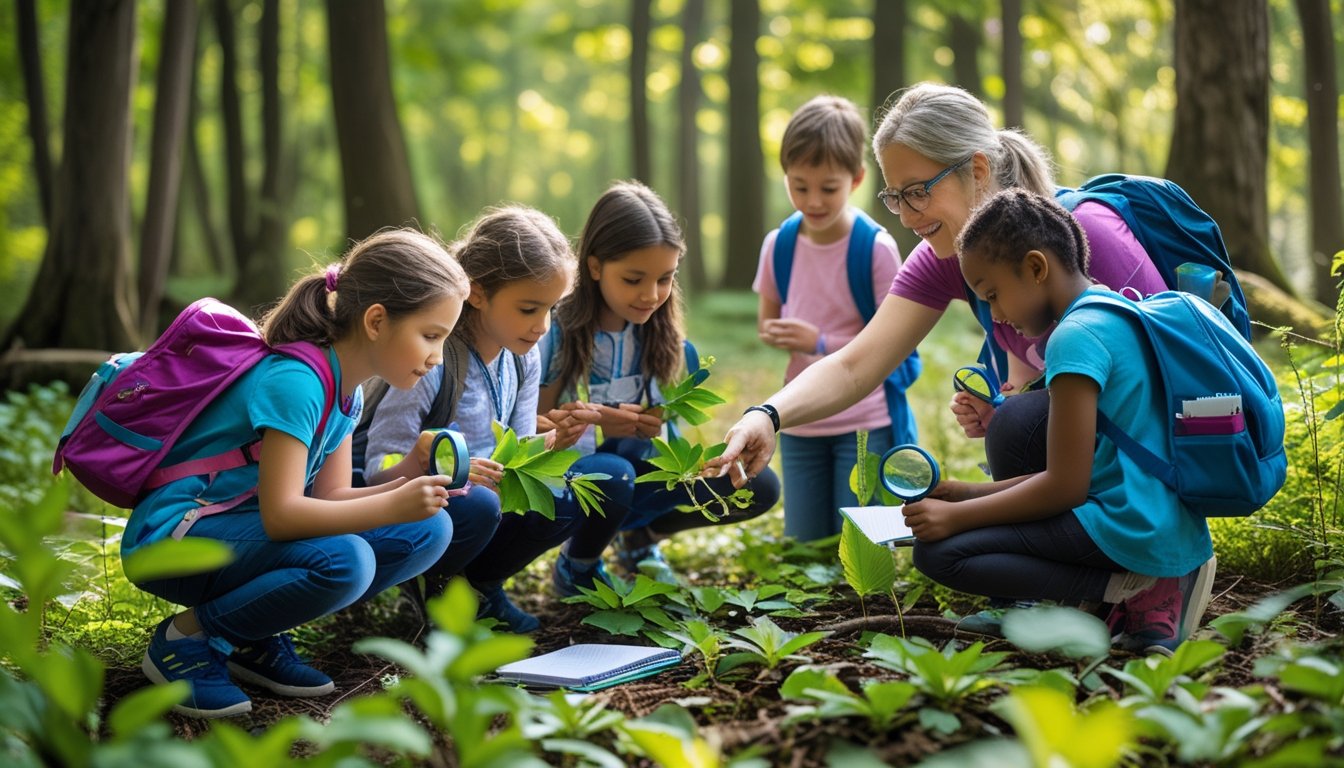 Children exploring a forest with an adult educator, examining plants and insects outdoors.