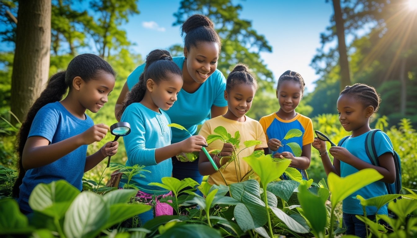 Children exploring plants and insects outdoors with an adult educator in a sunny forest setting.