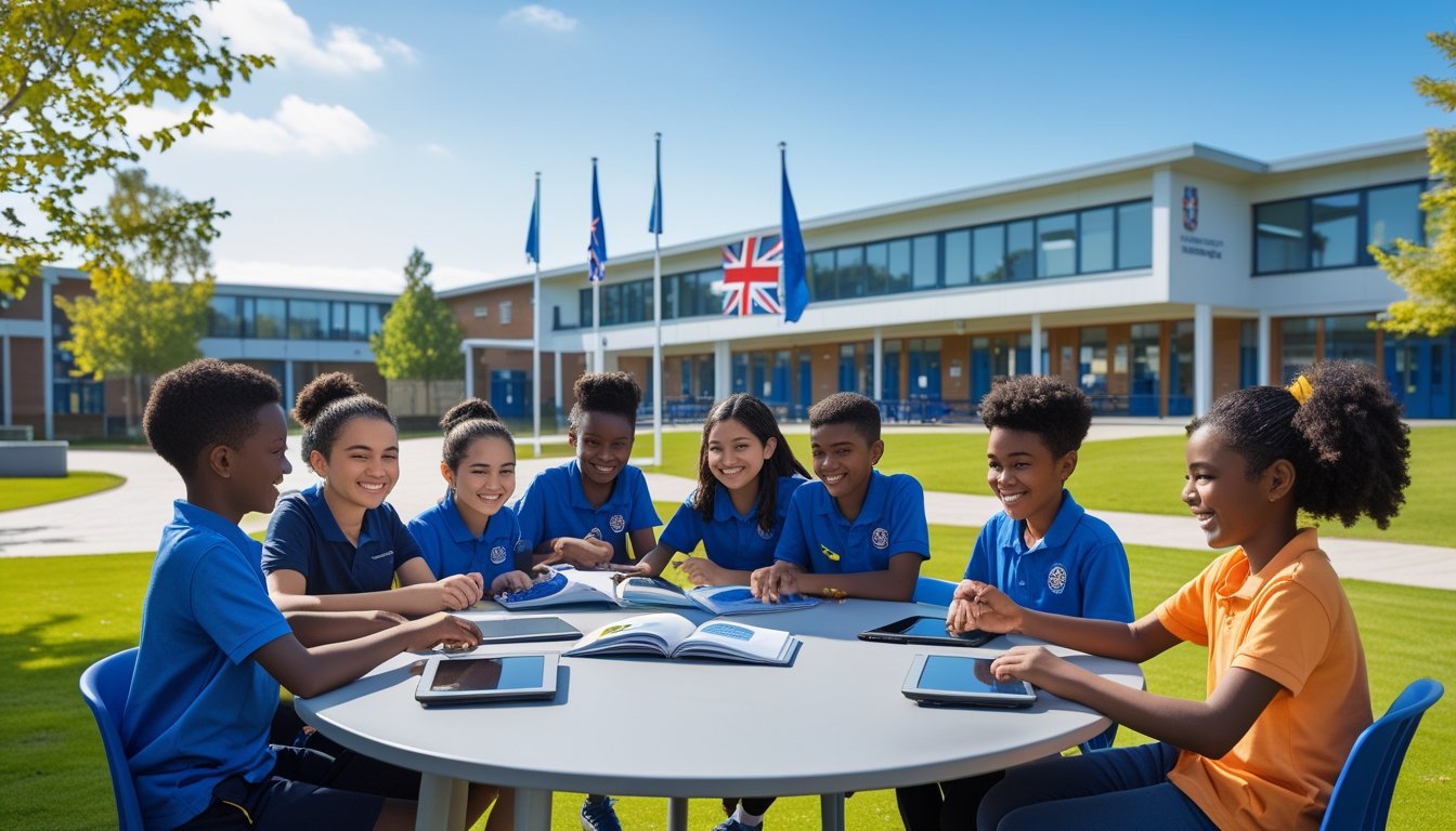 Diverse students studying together outdoors at a modern UK international school campus with school buildings and greenery in the background.