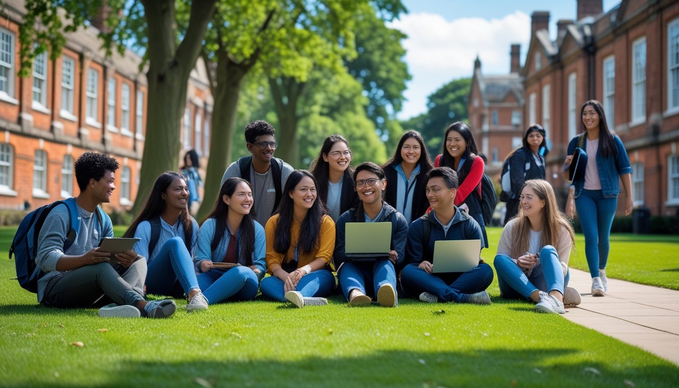 A group of diverse students socialising and studying outdoors on a green campus with traditional UK buildings in the background.