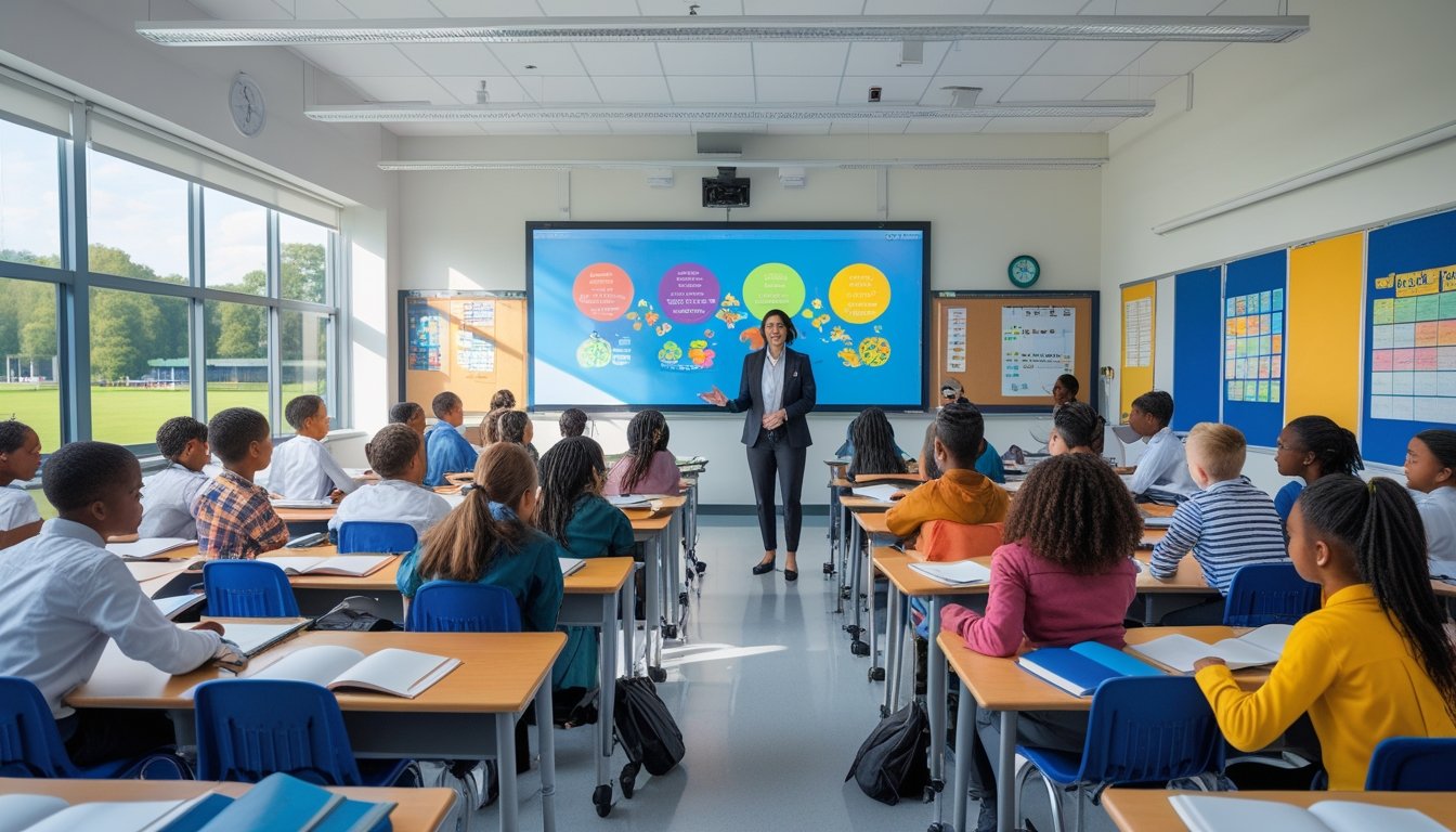 A diverse group of students and a teacher in a bright classroom with large windows and educational materials.
