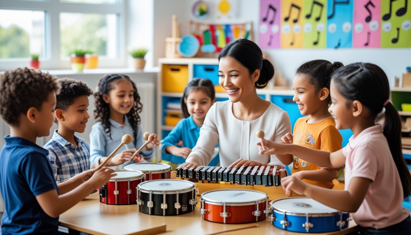 Young children playing musical instruments in a classroom with a teacher guiding them, surrounded by colourful musical decorations.