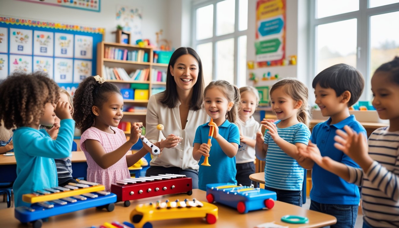 Young children playing musical instruments and singing with a teacher in a bright classroom.
