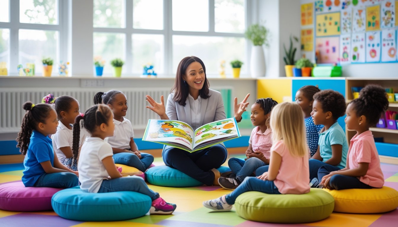 A teacher reading a picture book to a group of young children sitting on cushions in a classroom.