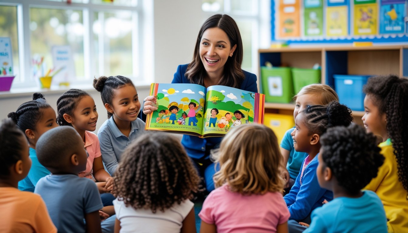 A female teacher reading a colourful picture book to a group of young children sitting around her in a bright classroom.