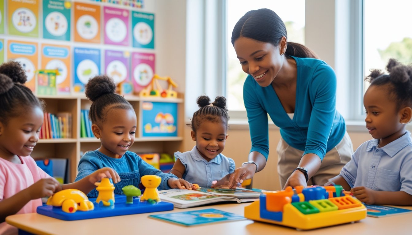 A group of young children playing and learning with a teacher in a bright classroom filled with educational materials.