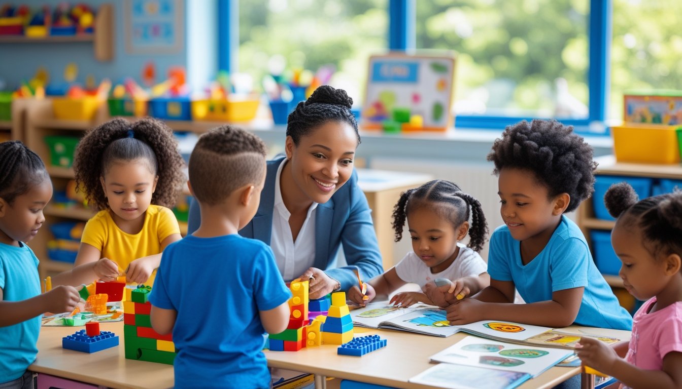 Young children learning and playing with a teacher in a bright and colourful early childhood classroom.