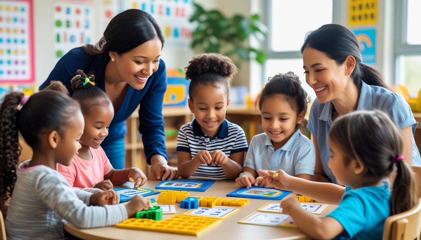 A group of young children with a parent and educator learning language skills together in a bright classroom.