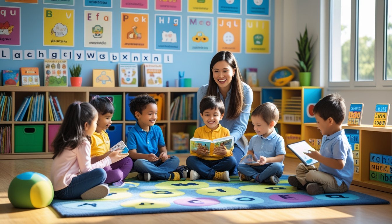 Children in a bright classroom engaged in language learning activities with a teacher reading a book and educational materials around them.