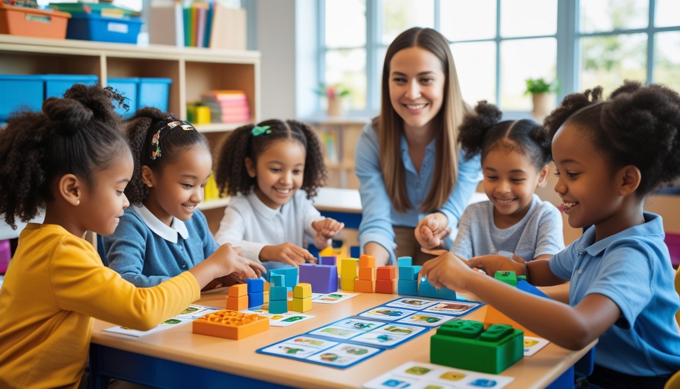 A group of young children and a teacher interacting with educational materials in a bright classroom.
