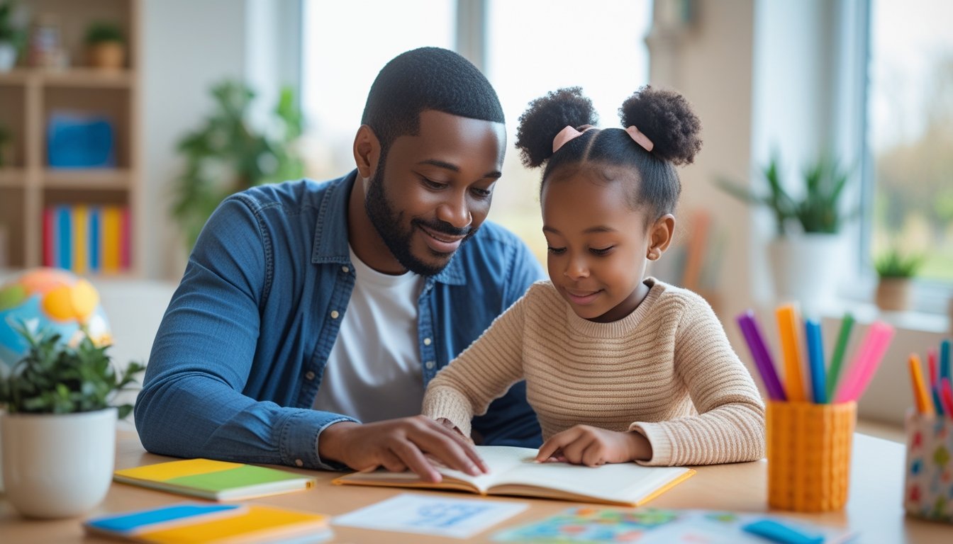 A parent and child sitting together at a table, calmly reading and learning in a bright room filled with books and plants.