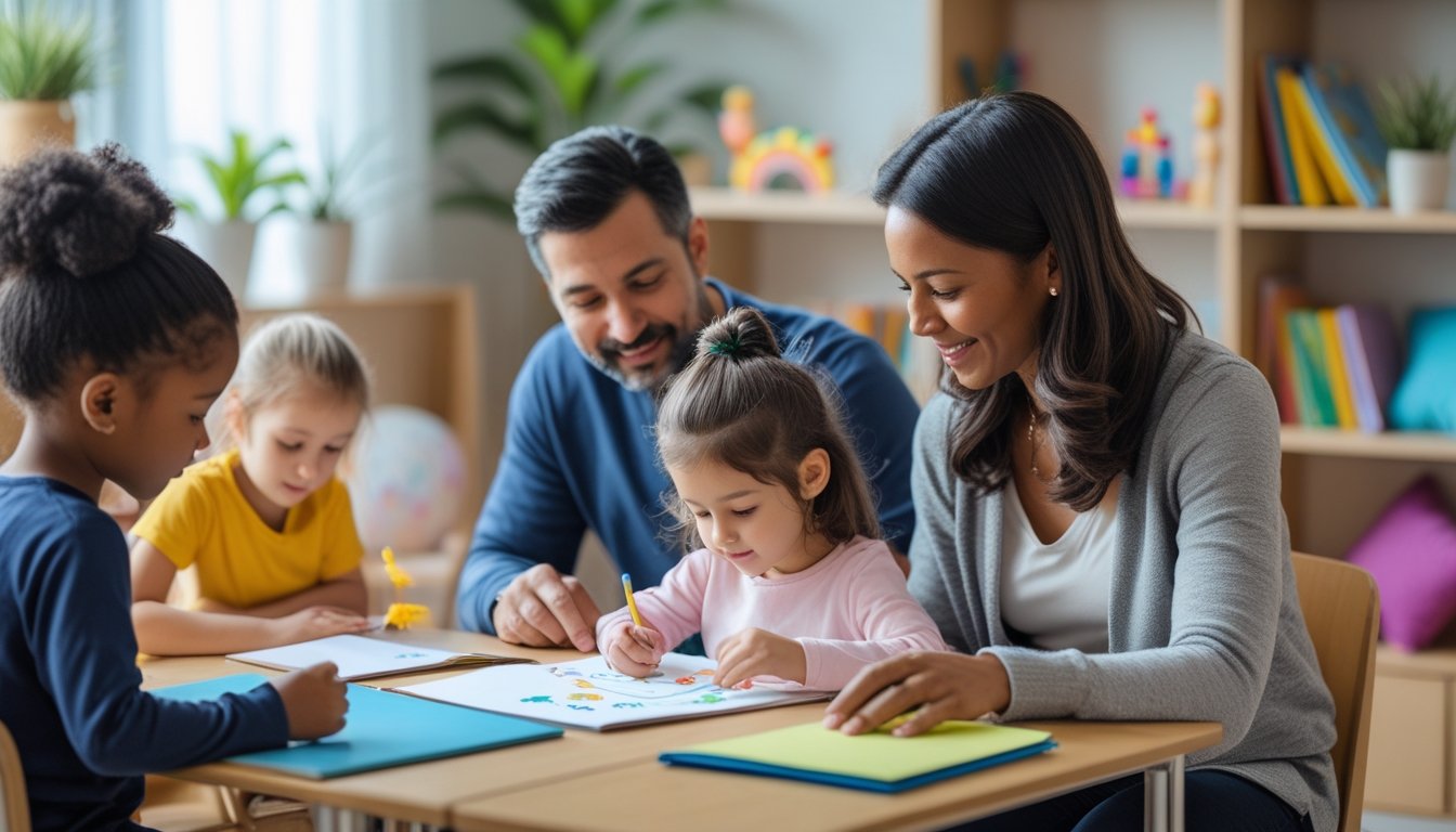 A parent and child sitting at a table working together on a creative project in a calm, well-lit room filled with books and educational materials.