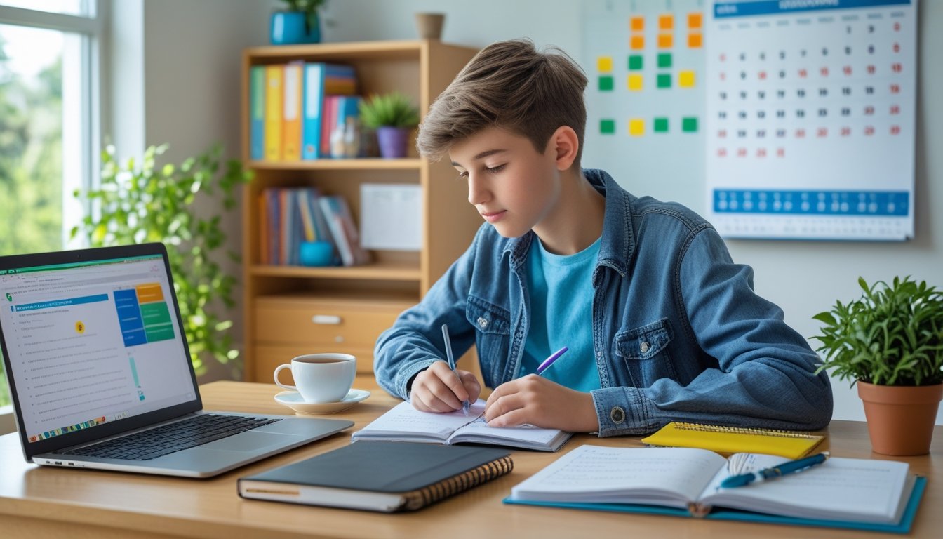 A teenager calmly studying at a tidy desk with a laptop, notebook, and plants in a bright room.
