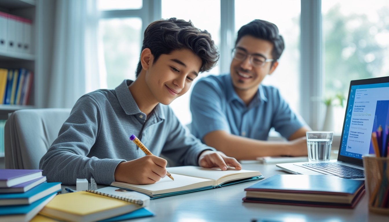 A young student calmly writing at a tidy desk with books and stationery, while a supportive adult watches nearby in a bright study room.