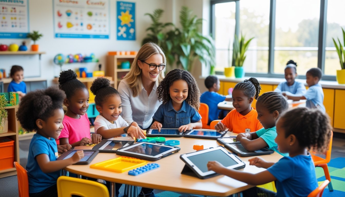 Children and a teacher working together in a bright classroom with digital tablets and educational materials.