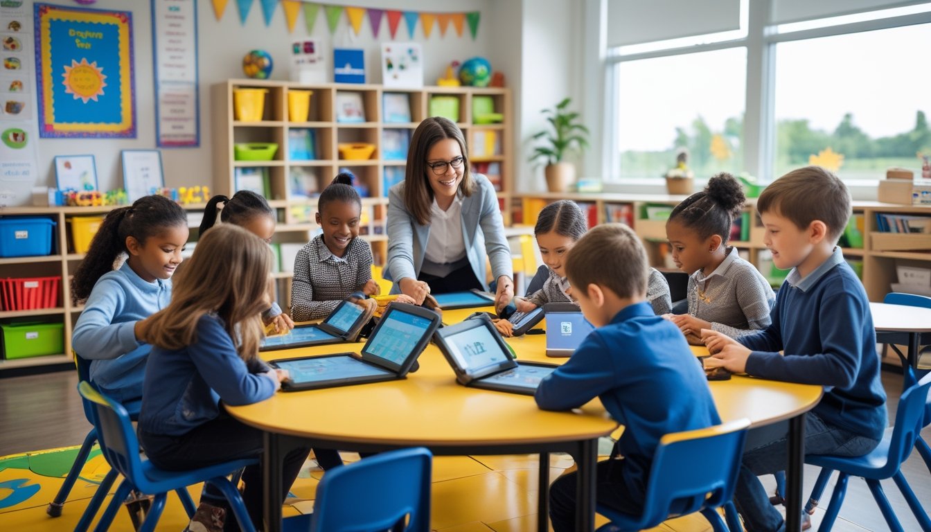 A group of young children and a teacher in a bright classroom engaged in interactive learning activities with tablets and group work.