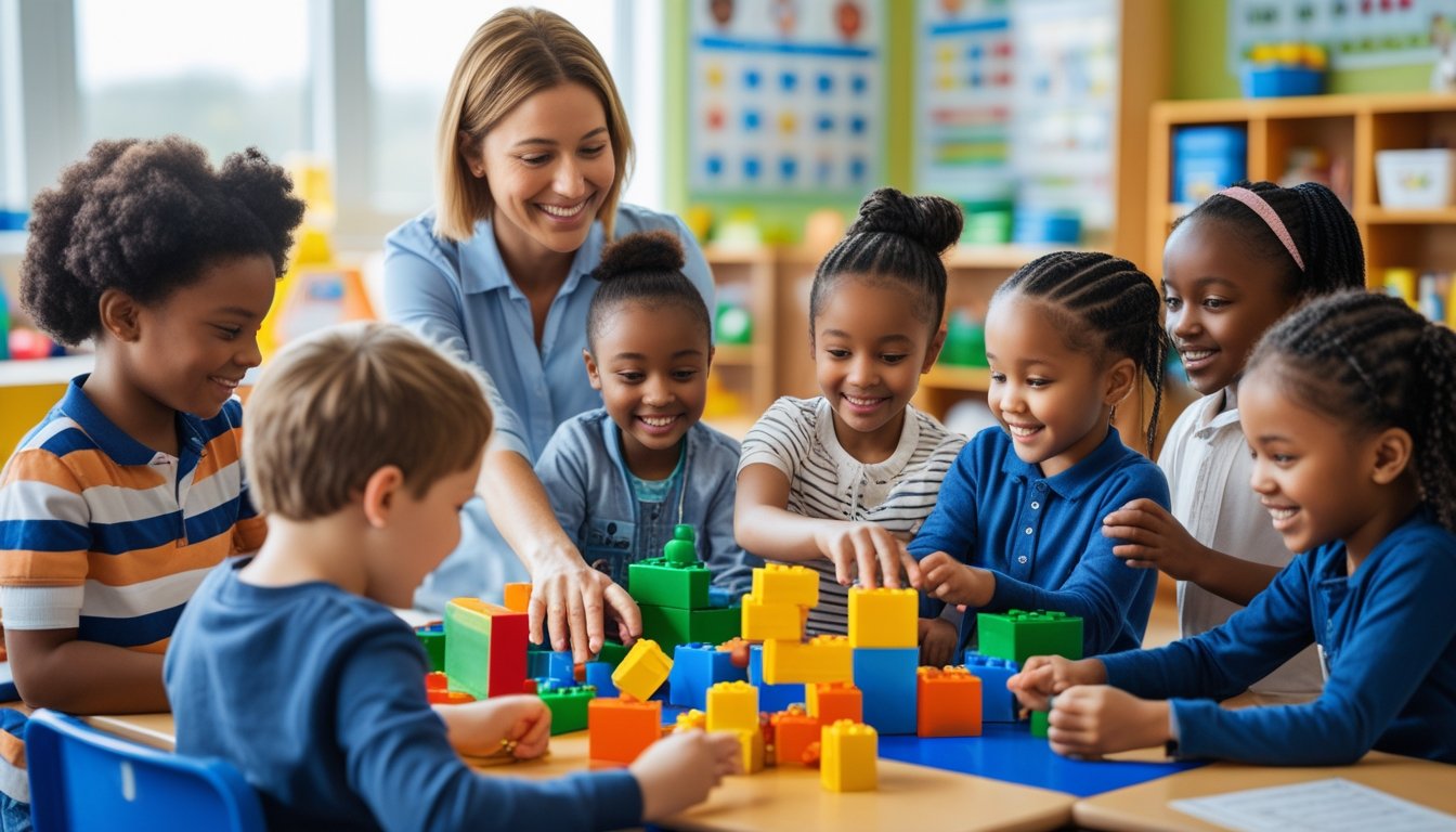 Young children playing and interacting together in a classroom with a teacher guiding them.