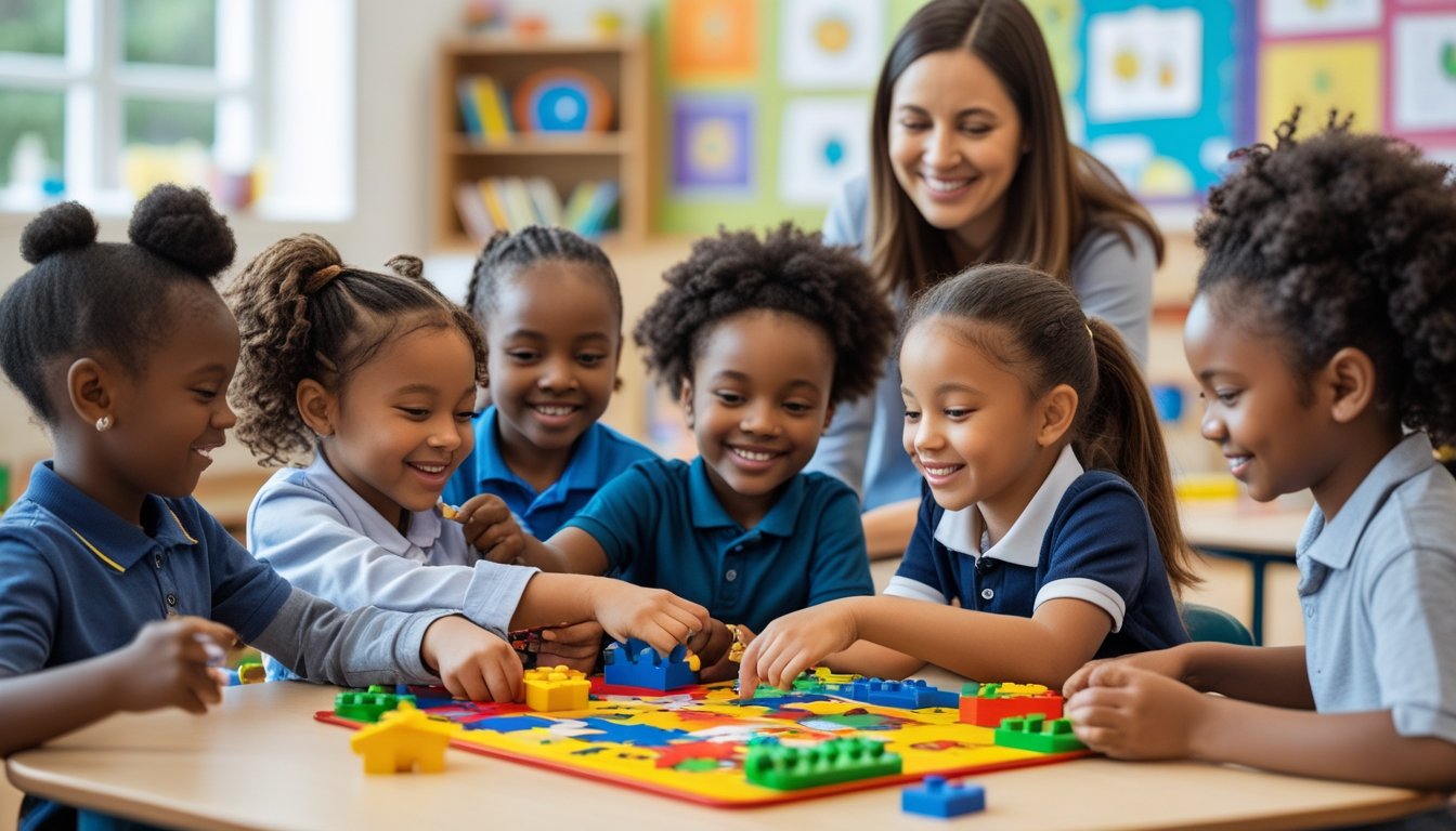 Young children playing and working together at a table with a teacher encouraging them in a bright classroom.