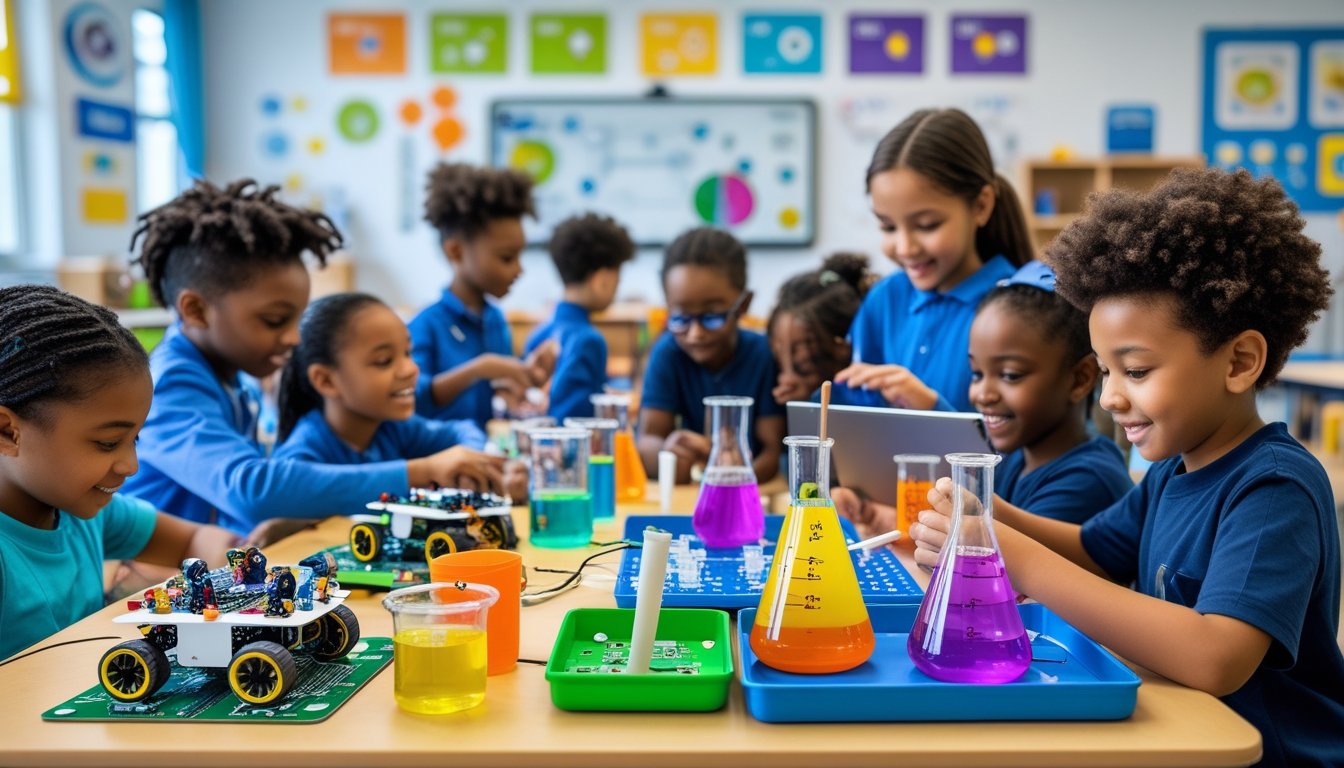A group of young children working together on science and technology projects in a classroom, guided by a teacher.