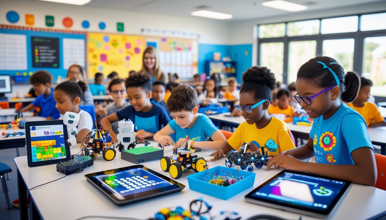 A group of young students working together on science and art projects in a bright classroom with a teacher guiding them.