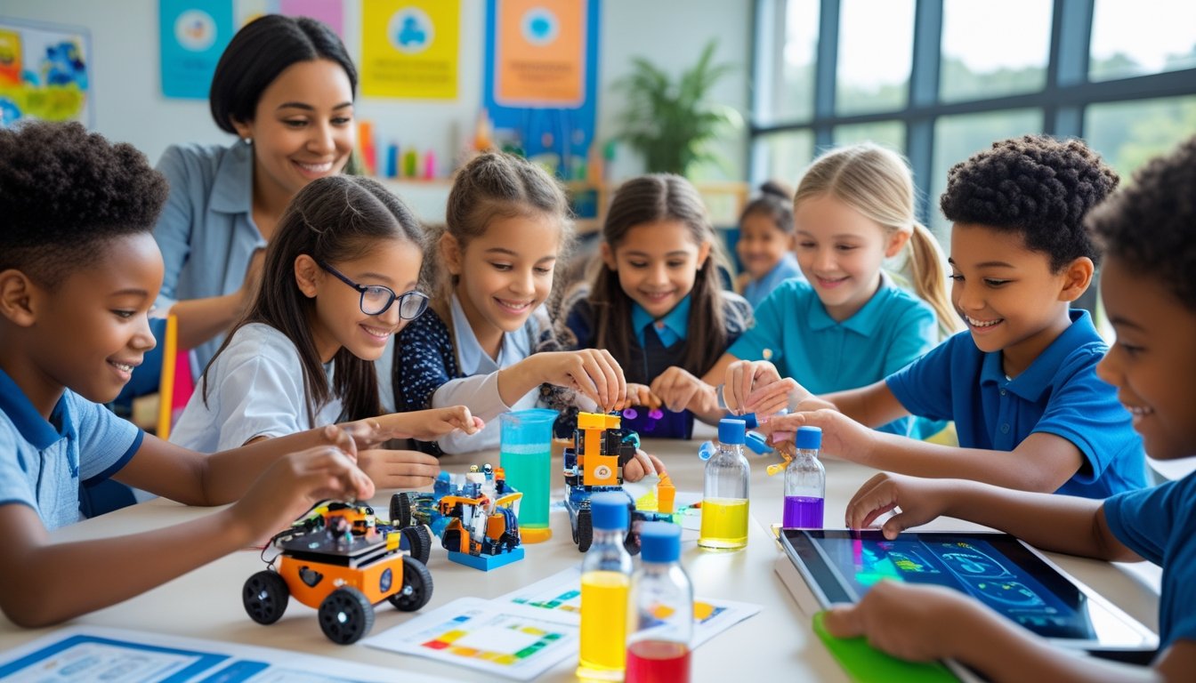 A group of children working together on science and technology projects in a bright classroom with a teacher supervising.