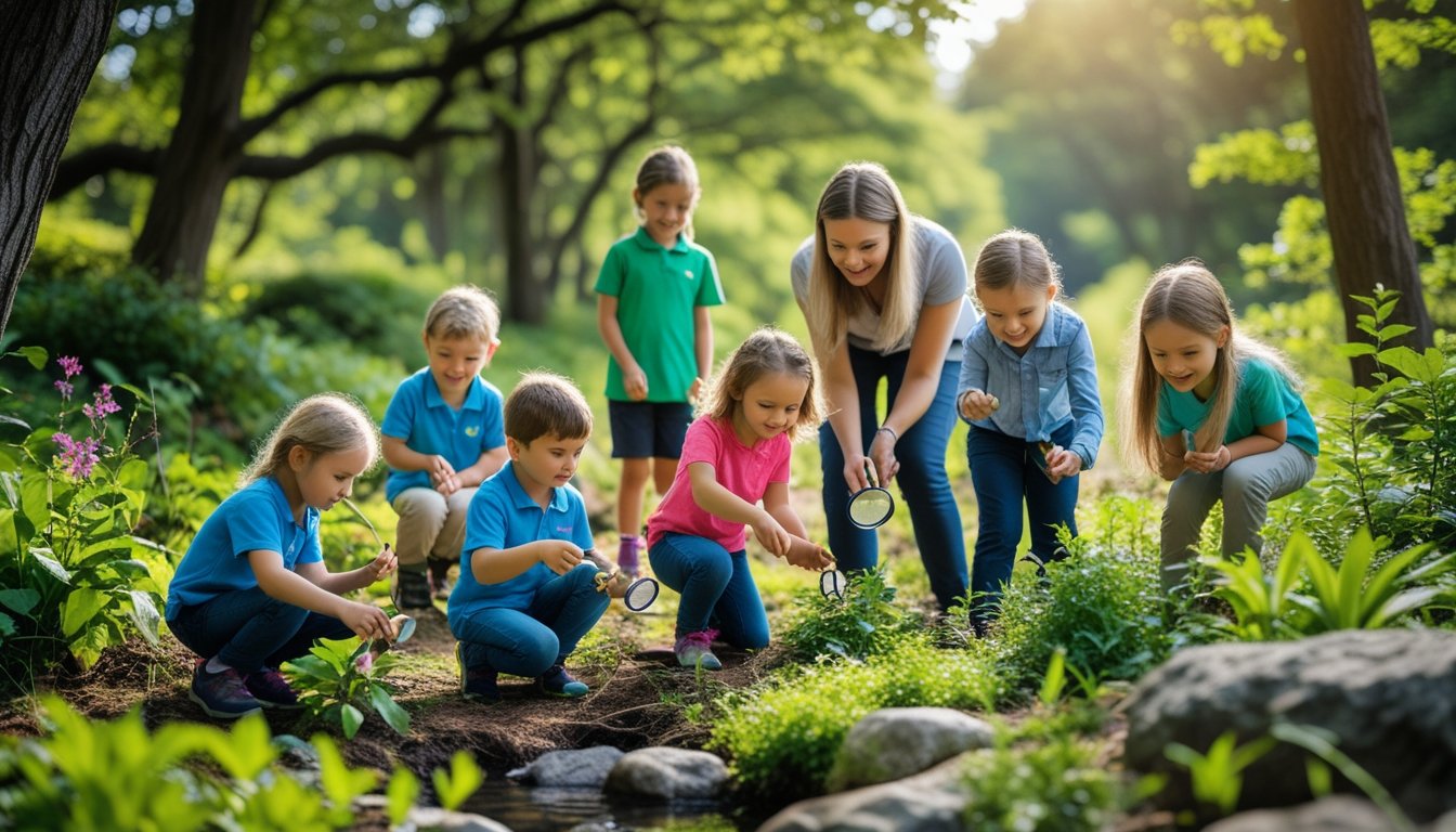 Children exploring a forest with an adult guide, observing plants and insects during a nature walk.