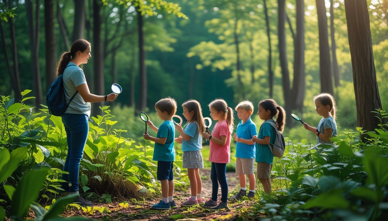 Children exploring a green forest with an adult guide, observing plants and insects during a nature walk.